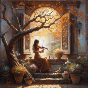 Tạo tranh AI cô gái chơi vi-ô-lông bên cửa sổ